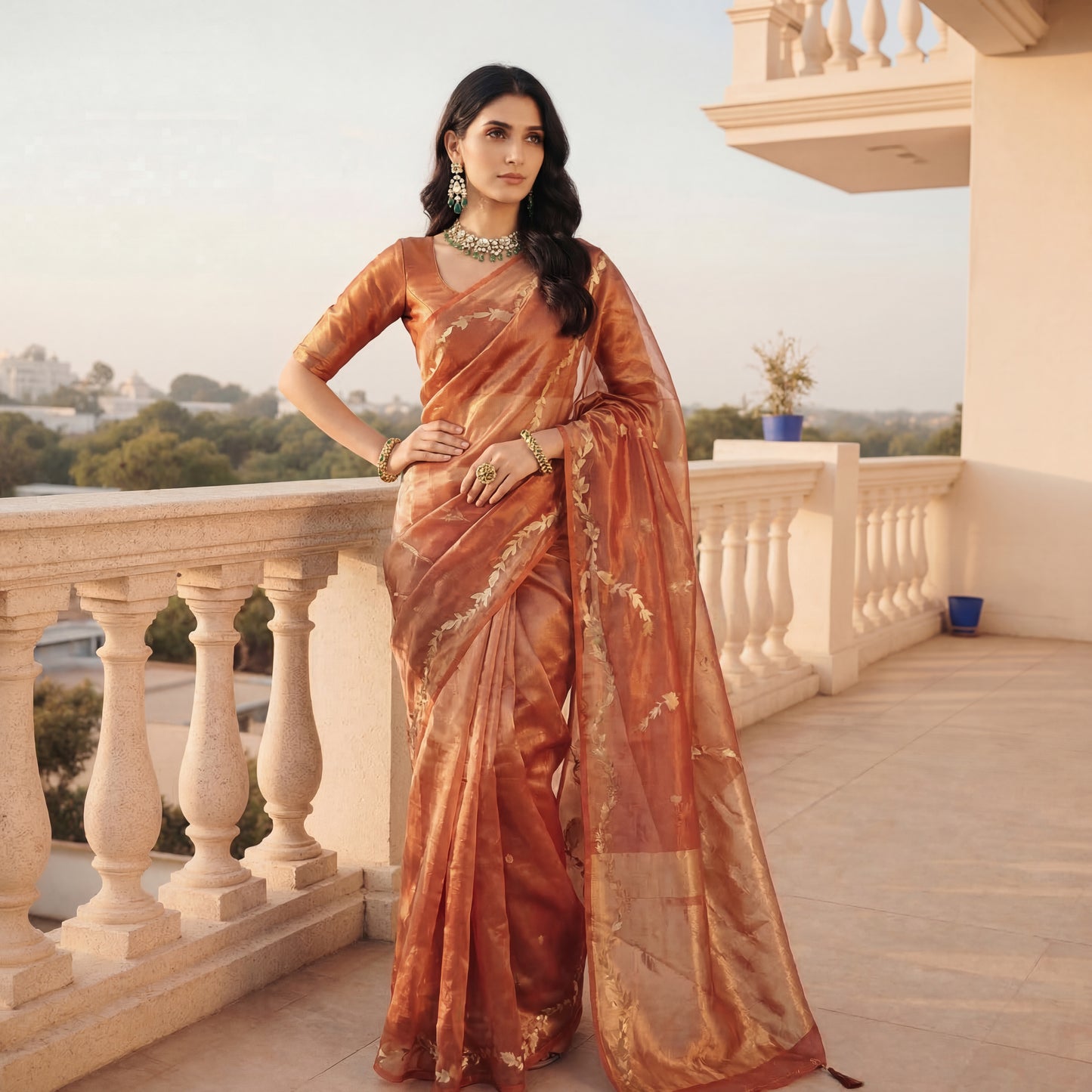 SUMMER PEACH HANDWOVEN TISSUE SAREE