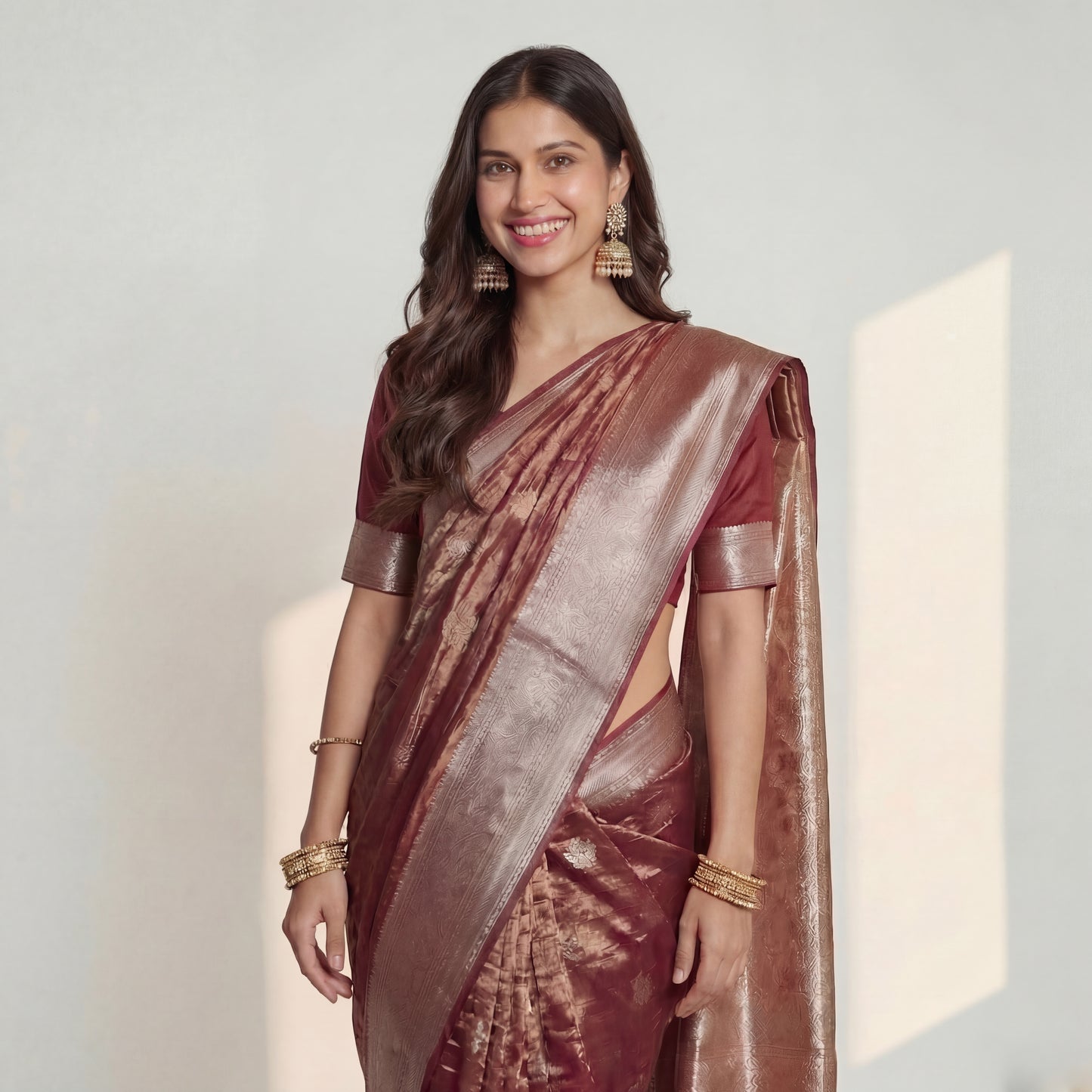 DUSTY ROSE PINK CRUSHED-TISSUE SAREE
