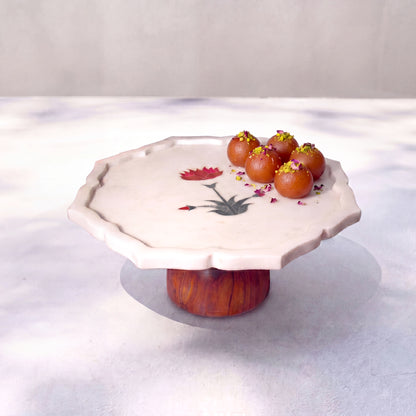 RED FLOWER INLAY MARBLE CAKE STAND