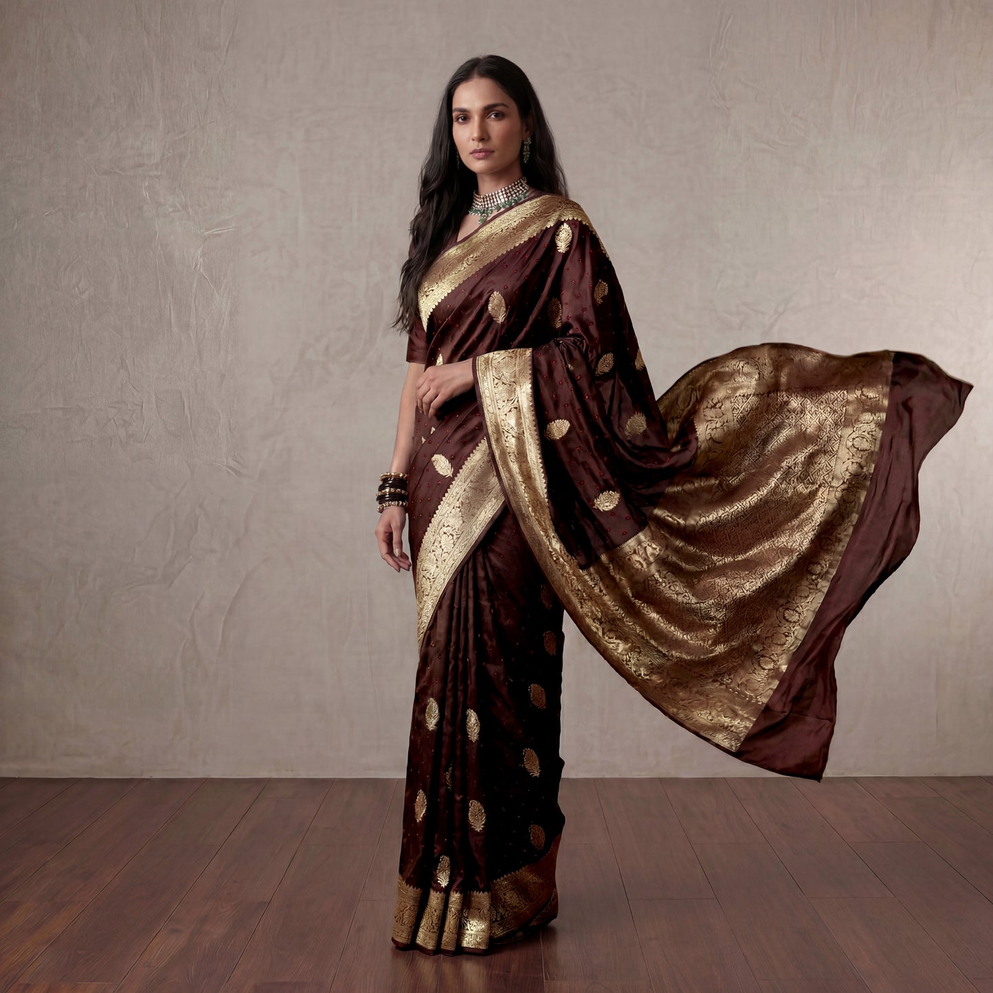 PURE BANDHANI-BANARASI COFFEE-BROWN MUSHROO SILK SAREE