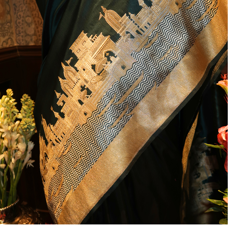 BANARAS GHAT BANARASI KATAN SILK SAREE (GREEN)