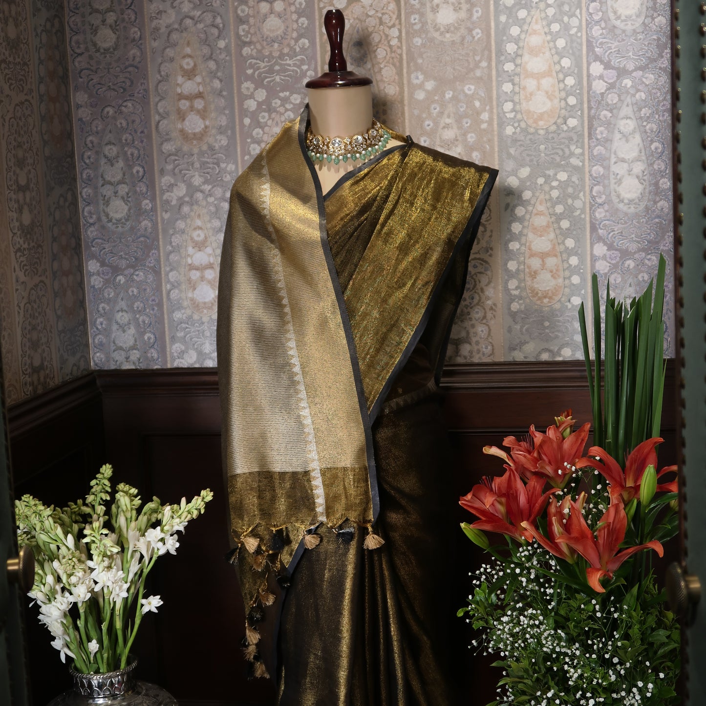 DEEP-CLAY PURE LINEN-TISSUE SAREE
