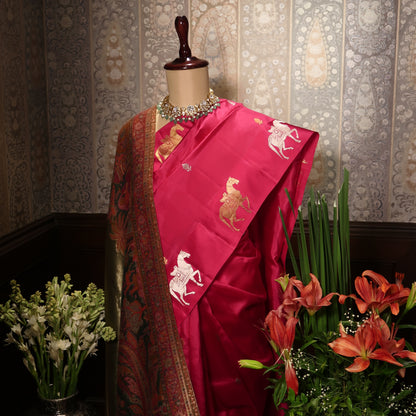 RANI PINK HORSE BANARASI SILK SAREE