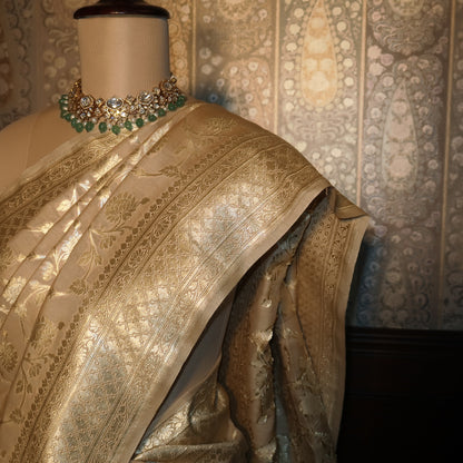 SOFT-BEIGE BANARASI PURE MOONGA SILK SAREE