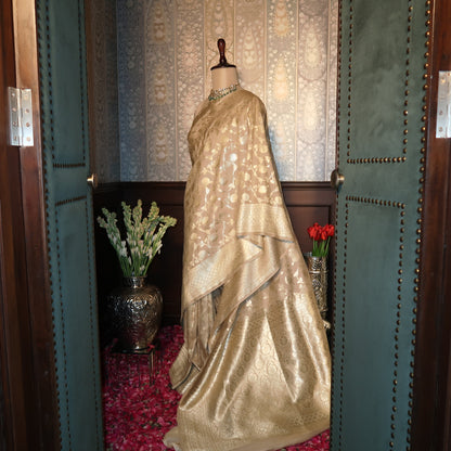 SOFT-BEIGE BANARASI PURE MOONGA SILK SAREE
