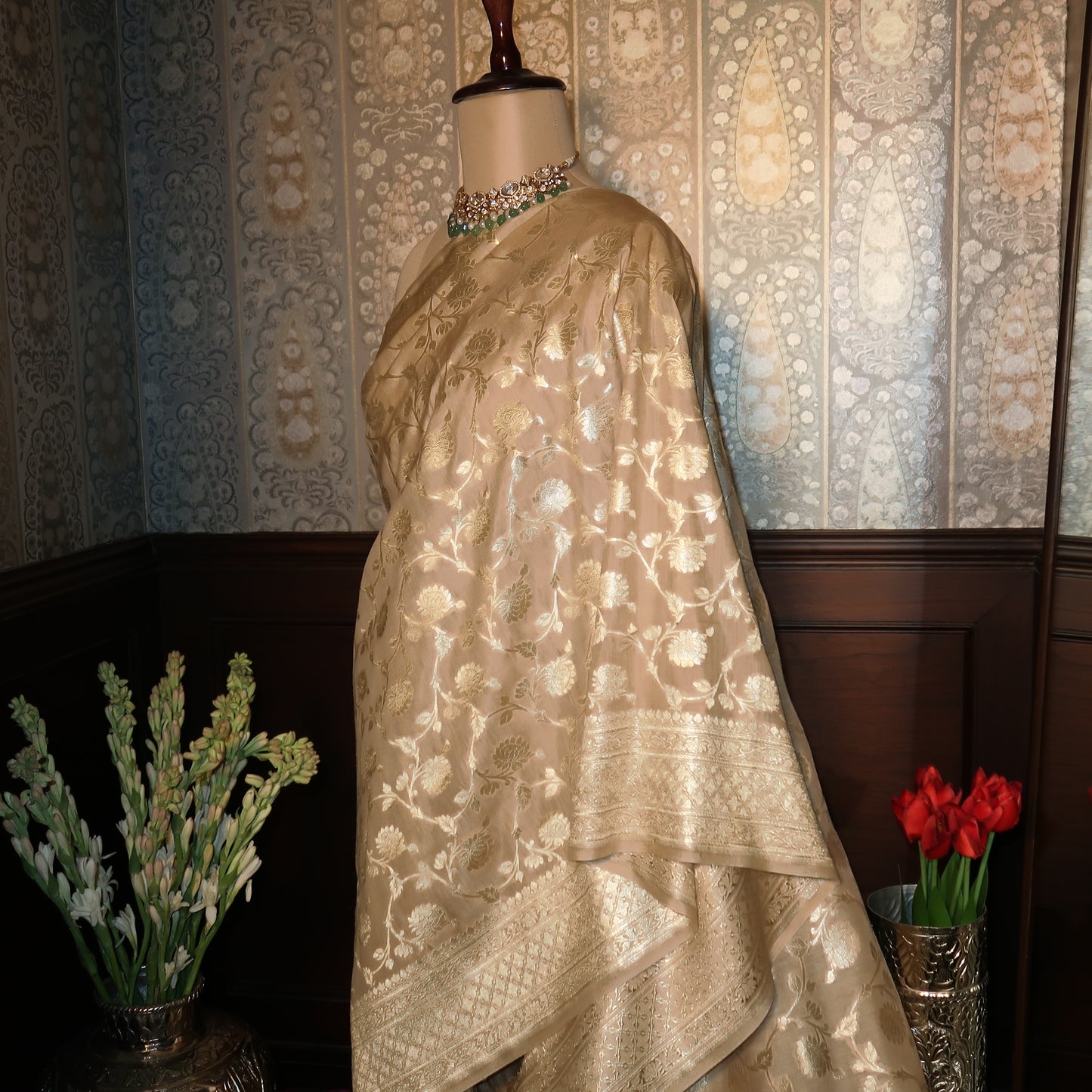 SOFT-BEIGE BANARASI PURE MOONGA SILK SAREE