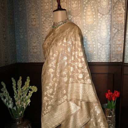 SOFT-BEIGE BANARASI PURE MOONGA SILK SAREE