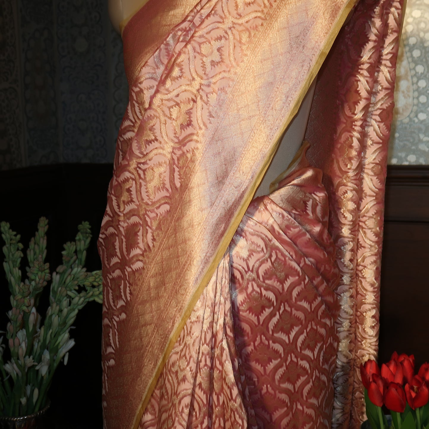 BLUSH-PINK PURE BANARASI TISSUE SAREE