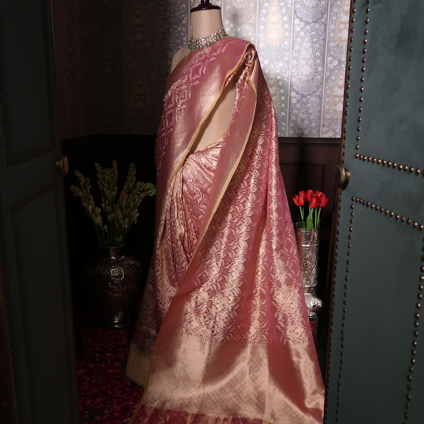 BLUSH-PINK PURE BANARASI TISSUE SAREE