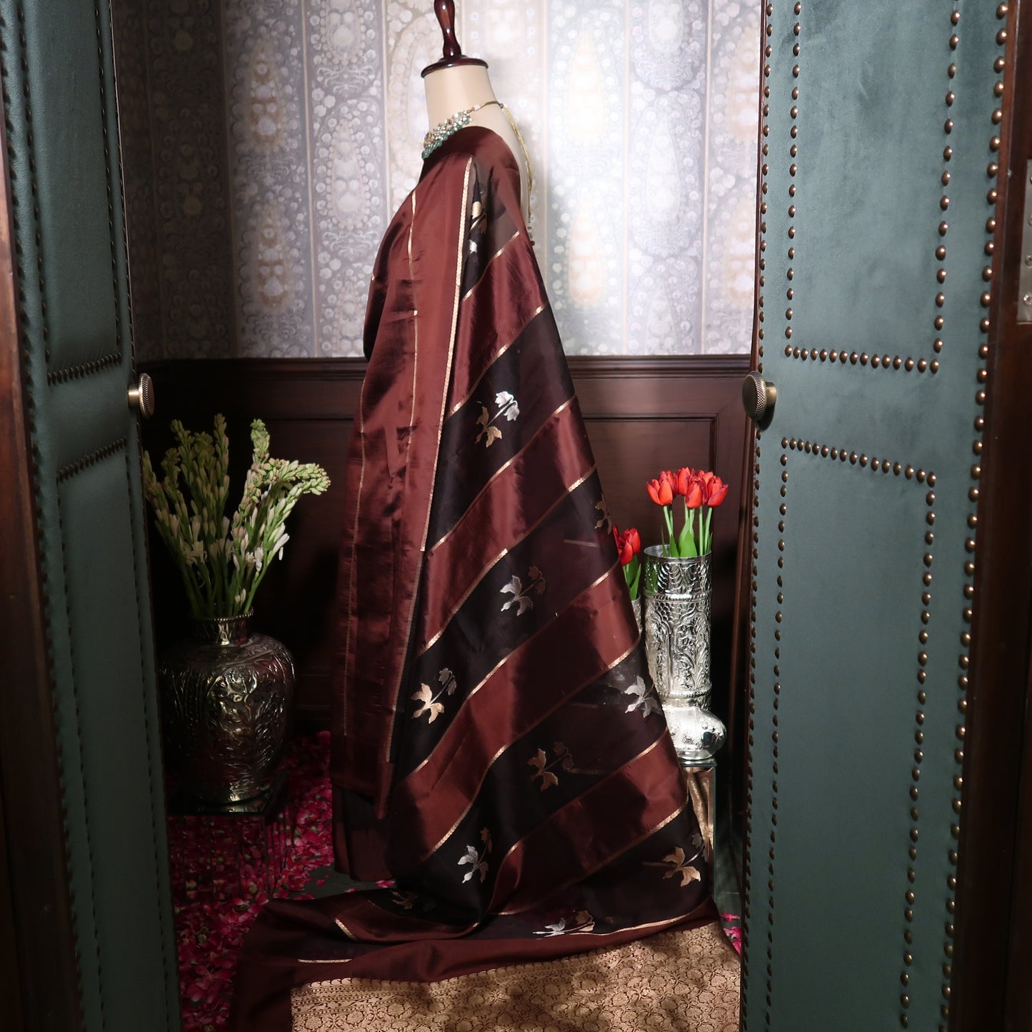 BLACK & BROWN STRIPES SILK-TISSUE SAREE