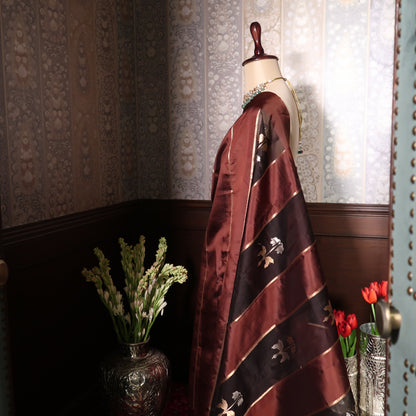 BLACK & BROWN STRIPES SILK-TISSUE SAREE