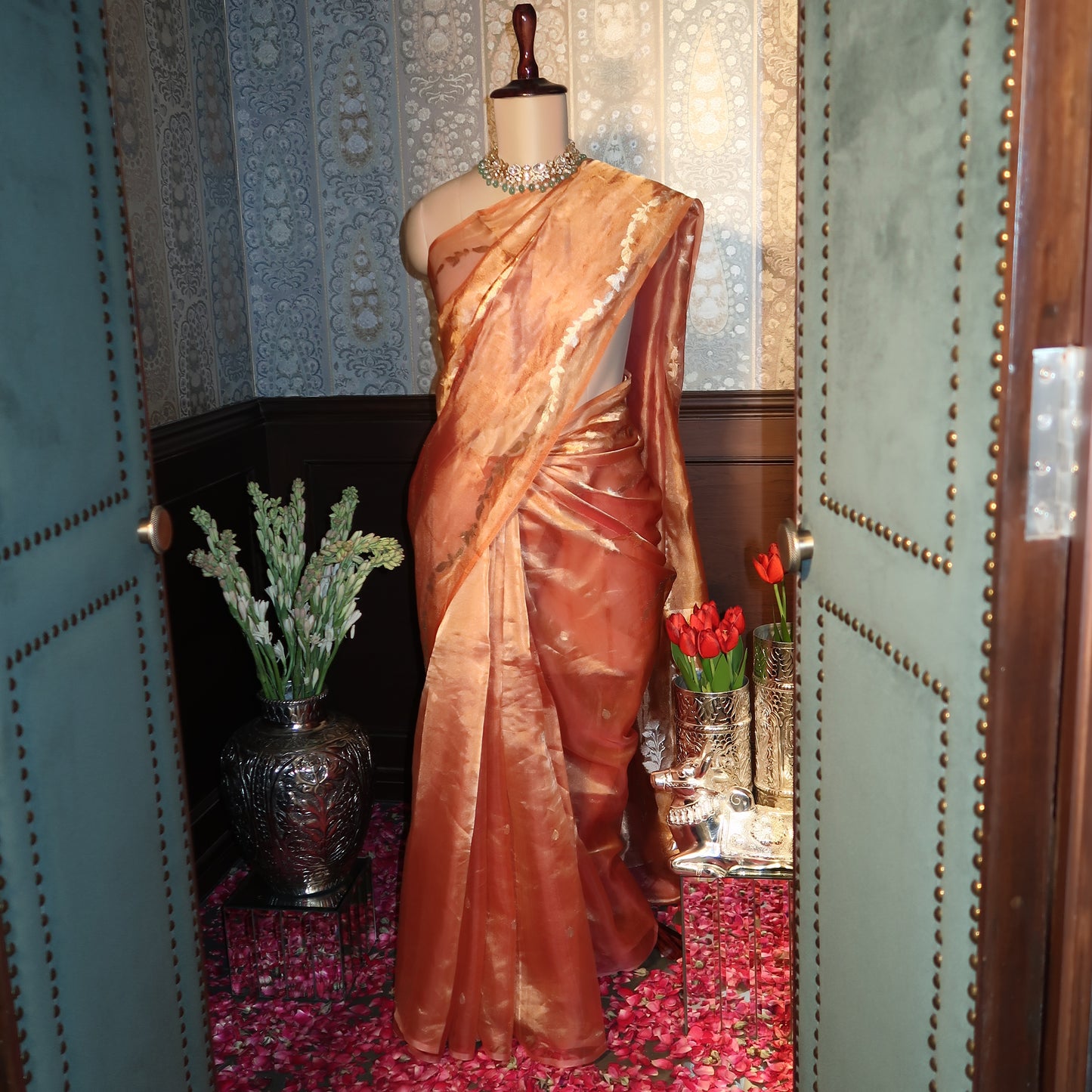 SUMMER PEACH HANDWOVEN TISSUE SAREE