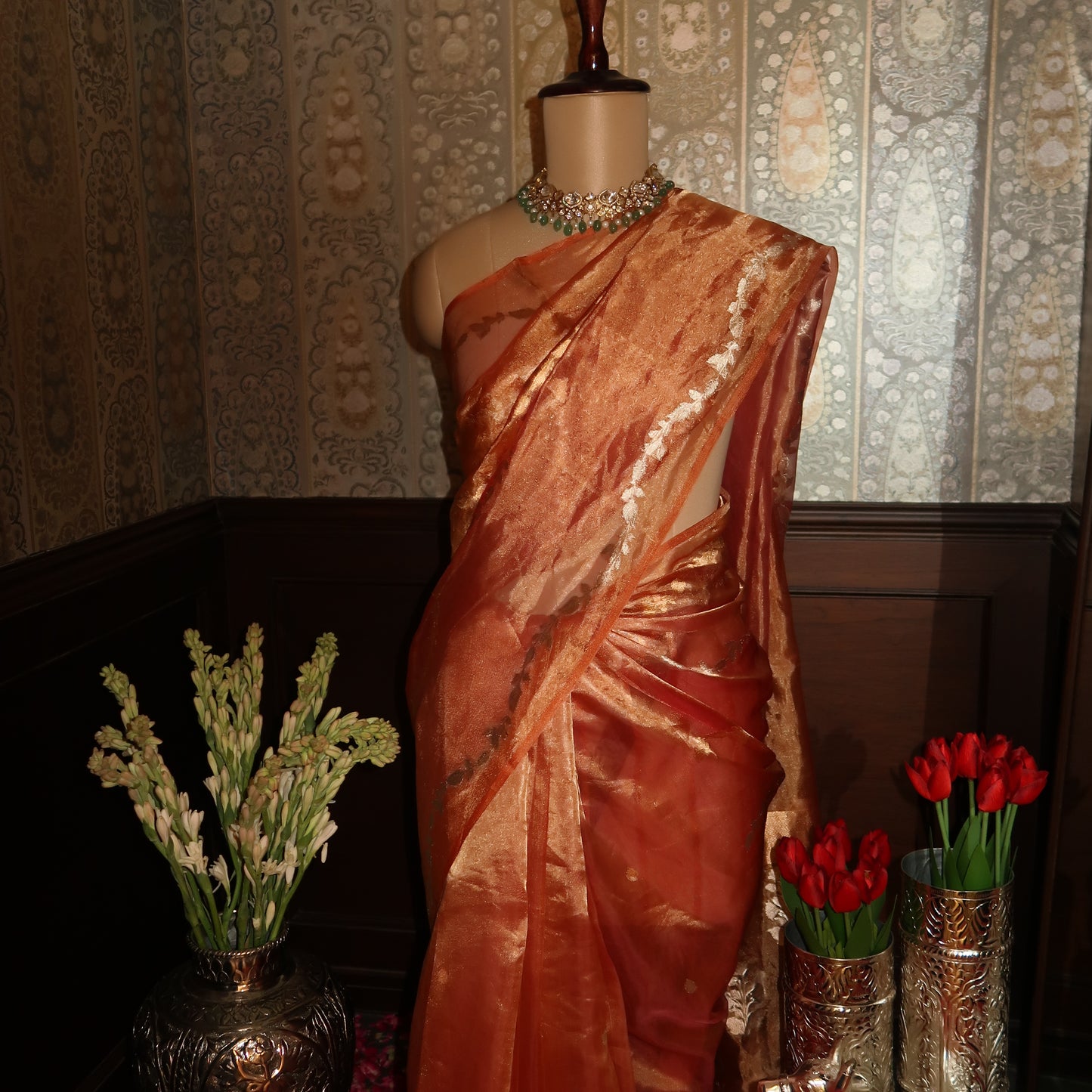 SUMMER PEACH HANDWOVEN TISSUE SAREE