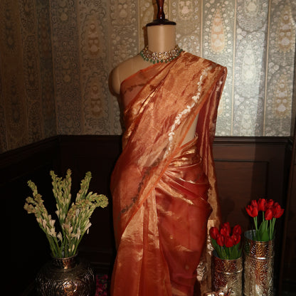 SUMMER PEACH HANDWOVEN TISSUE SAREE