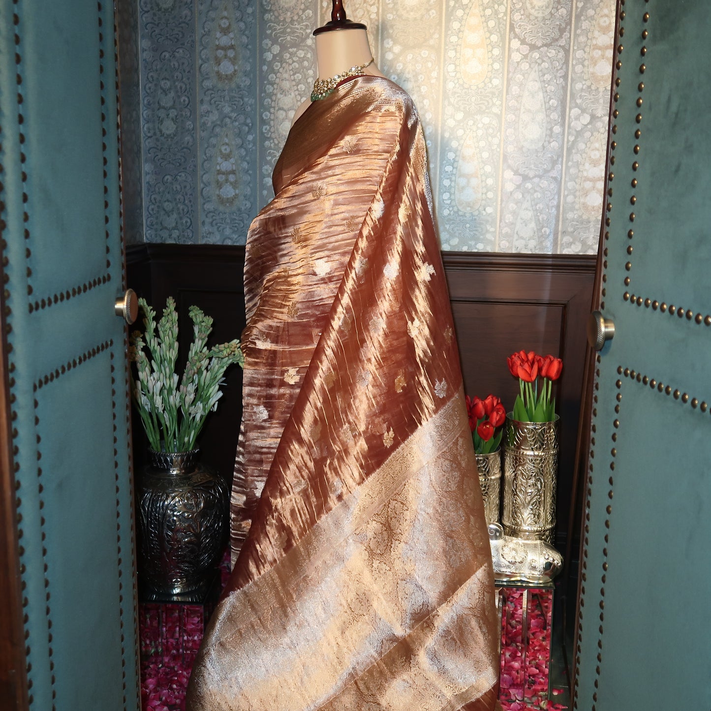 SOFT-ORANGE CRUSHED-TISSUE SAREE