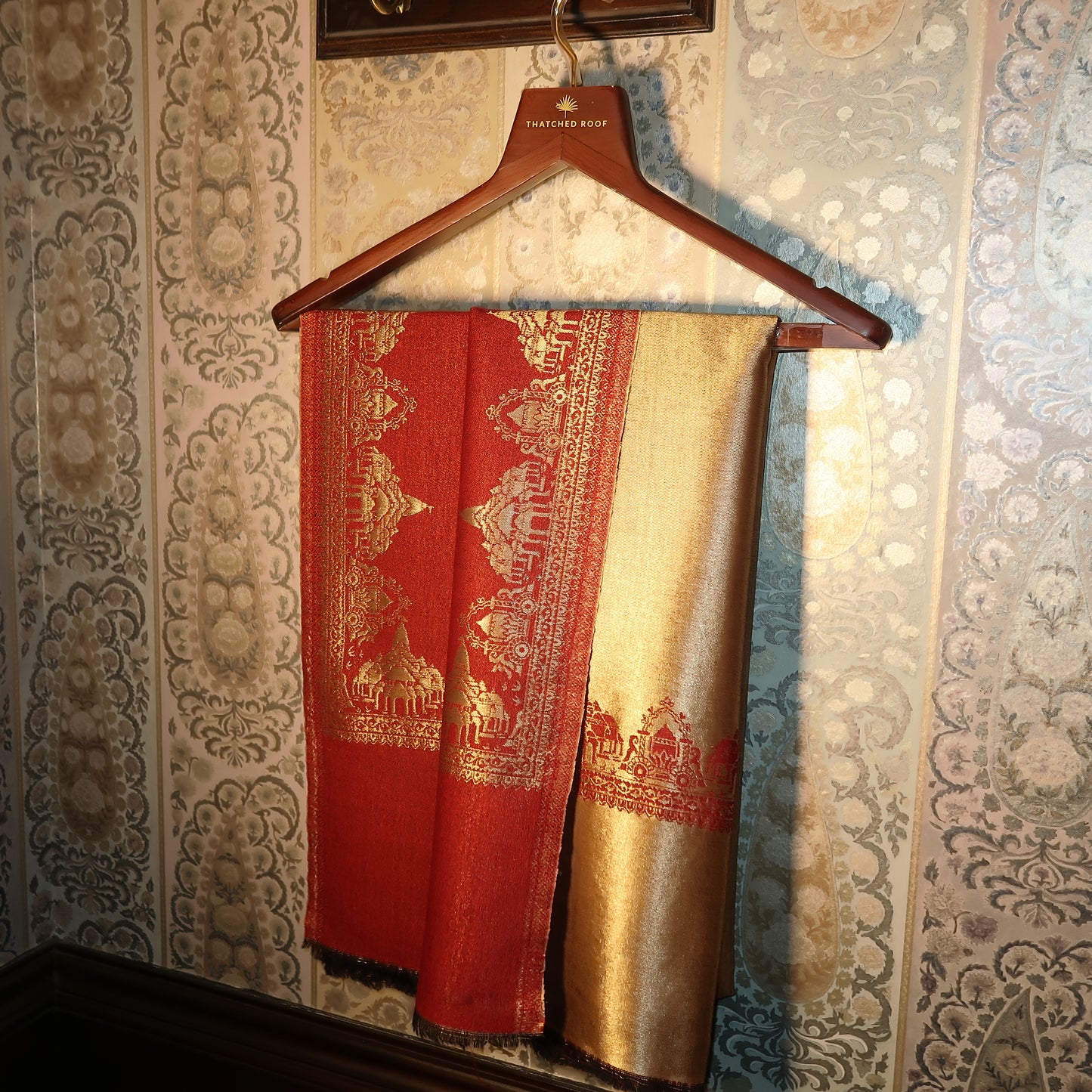 LIQUID GOLD: RAM MANDIR SHAWL (ROYAL RED)