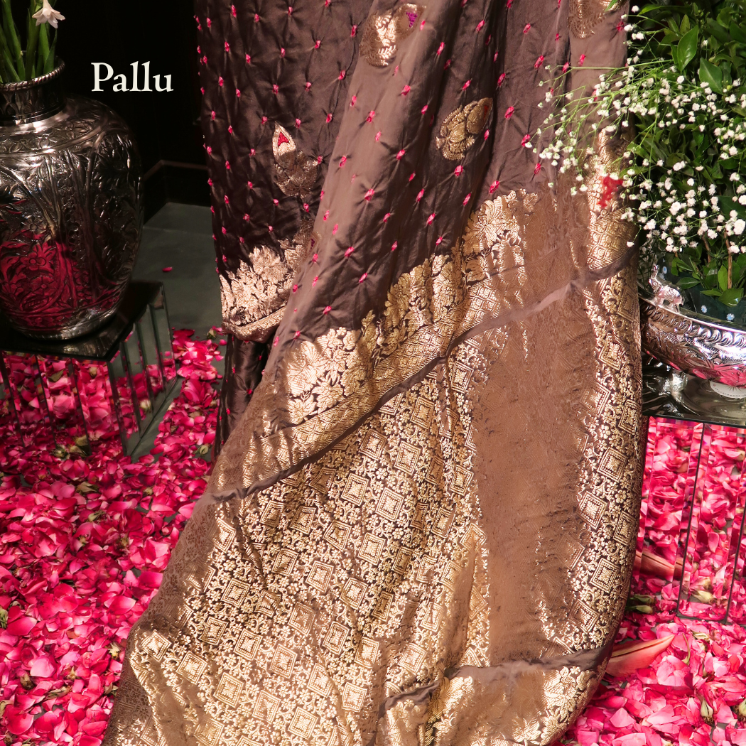 PURE BANDHANI-BANARASI OLIVE MUSHROO SILK SAREE