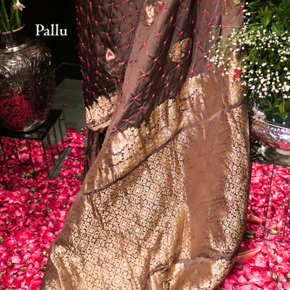 PURE BANDHANI-BANARASI OLIVE MUSHROO SILK SAREE