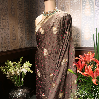 PURE BANDHANI-BANARASI OLIVE MUSHROO SILK SAREE