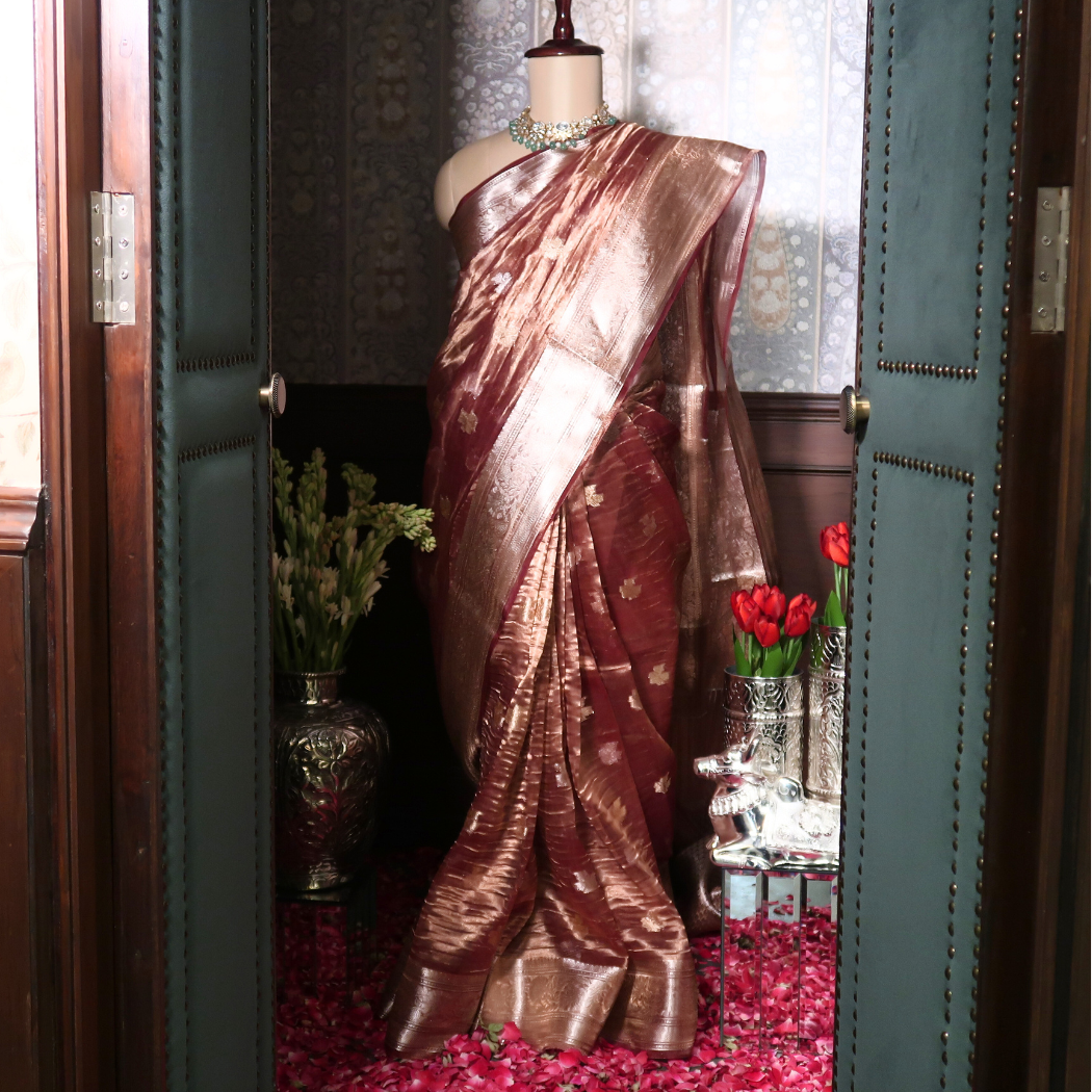 SOFT-ORANGE CRUSHED-TISSUE SAREE