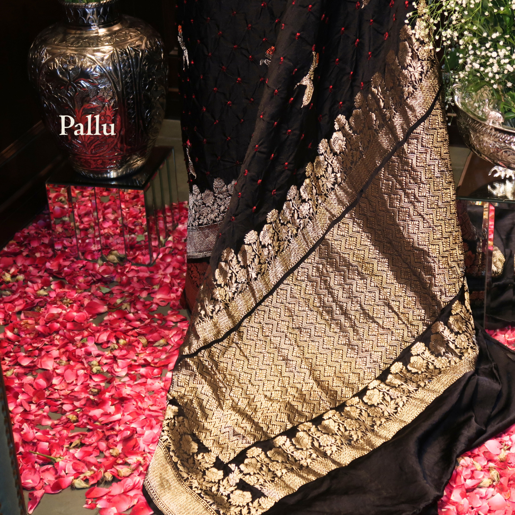 PURE BANDHANI-BANARASI BLACK MUSHROO SILK SAREE