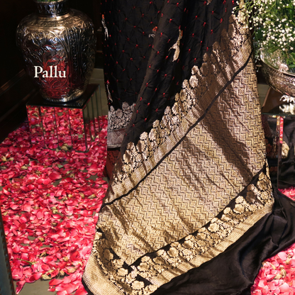 PURE BANDHANI-BANARASI BLACK MUSHROO SILK SAREE
