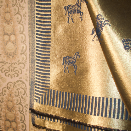 TEAL BLUE HORSE ZARI REVERSIBLE SHAWL | WOOL