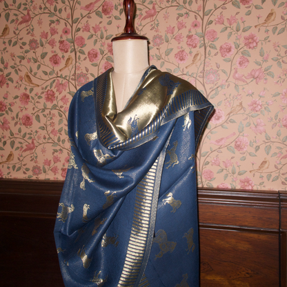 TEAL BLUE HORSE ZARI REVERSIBLE SHAWL | WOOL