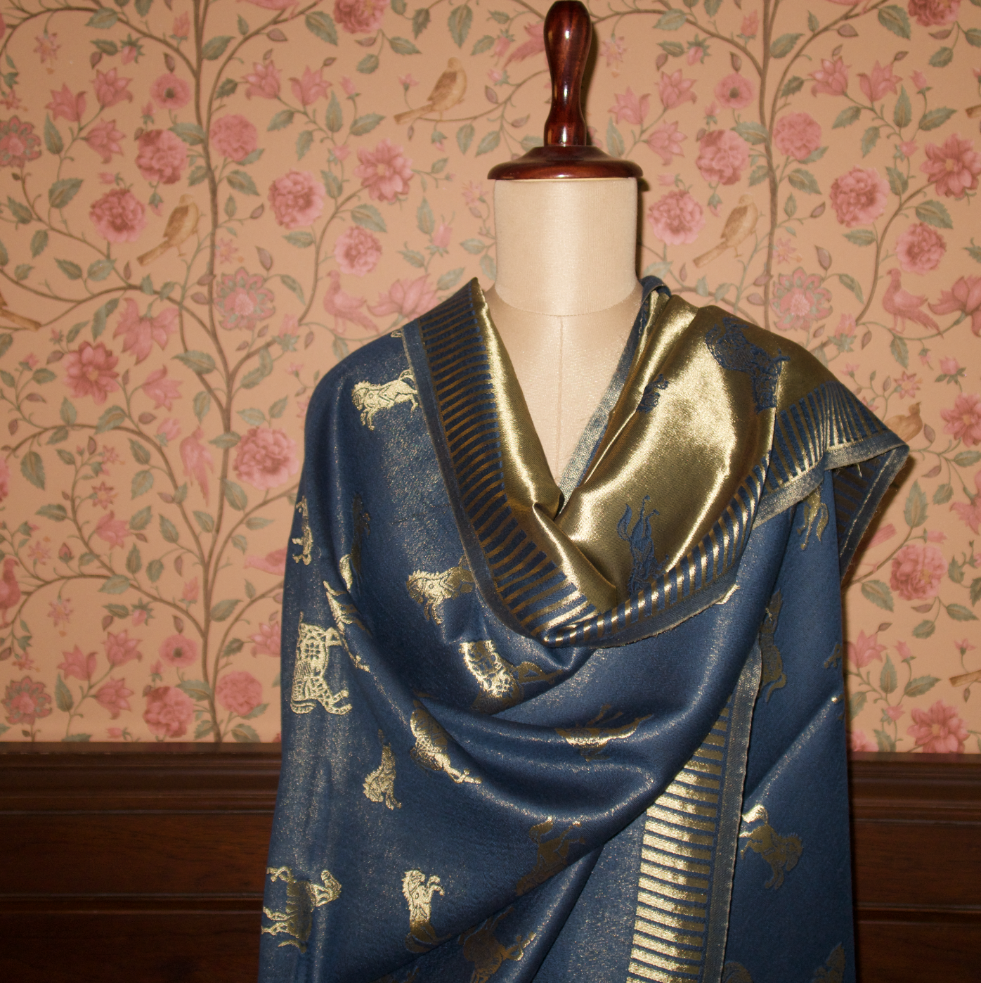 TEAL BLUE HORSE ZARI REVERSIBLE SHAWL | WOOL