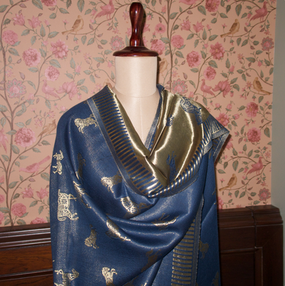 TEAL BLUE HORSE ZARI REVERSIBLE SHAWL | WOOL