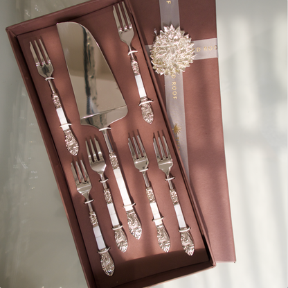 MOTHER OF PEARL DESSERT SERVER AND FORKS
