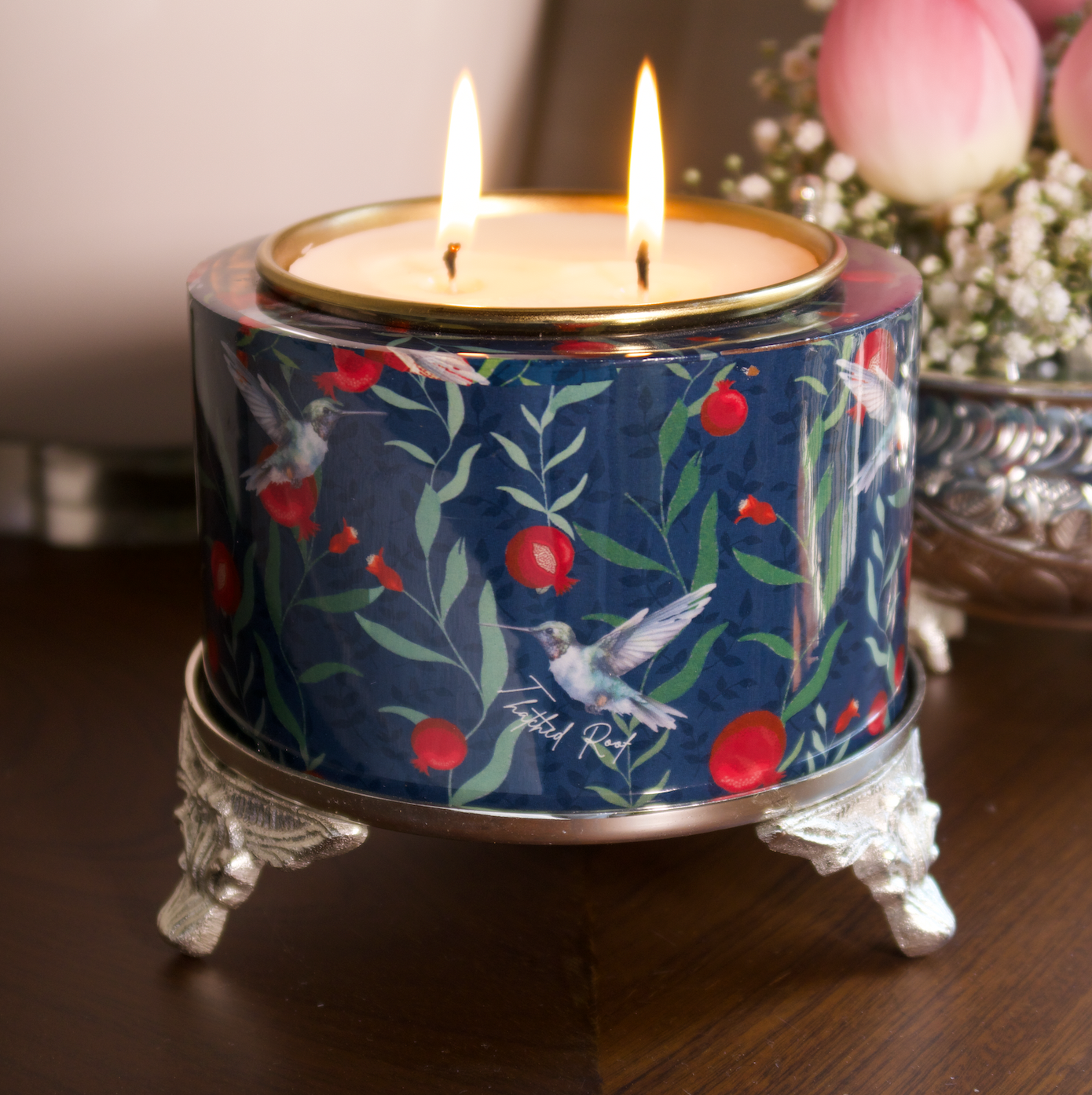 POMEGRANATE & BIRD CANDLE WITH SILVER STAND