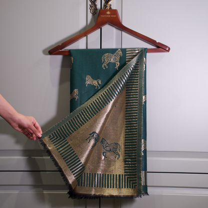EMERALD GREEN HORSE ZARI REVERSIBLE SHAWL | WOOL