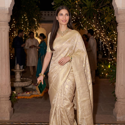 IVORY- GOLD FLORALS PURE SILK SAREE