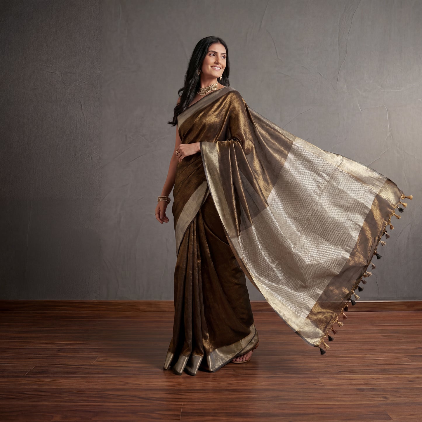 DEEP-CLAY PURE LINEN-TISSUE SAREE