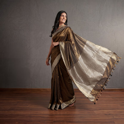 DEEP-CLAY PURE LINEN-TISSUE SAREE