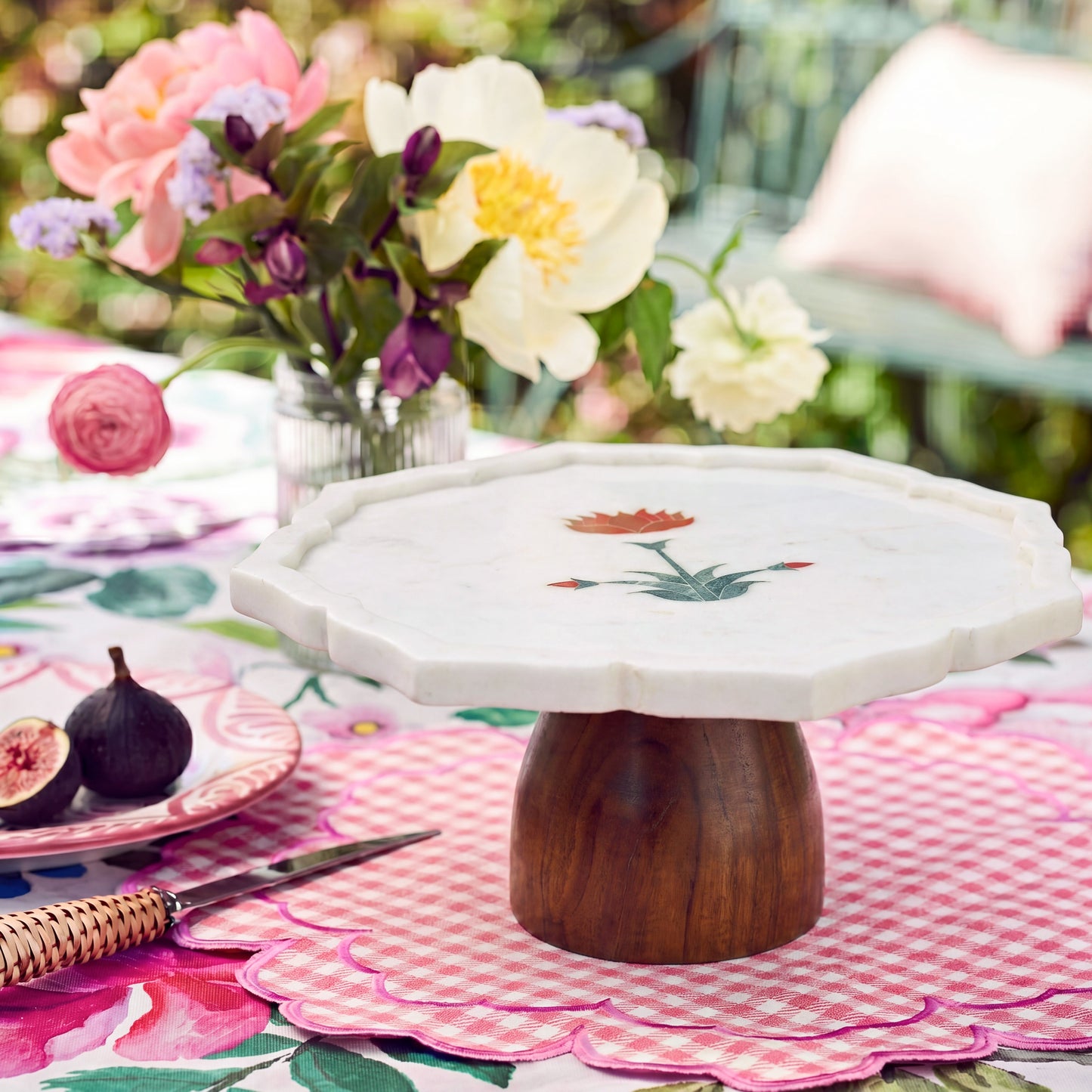 RED FLOWER INLAY MARBLE CAKE STAND