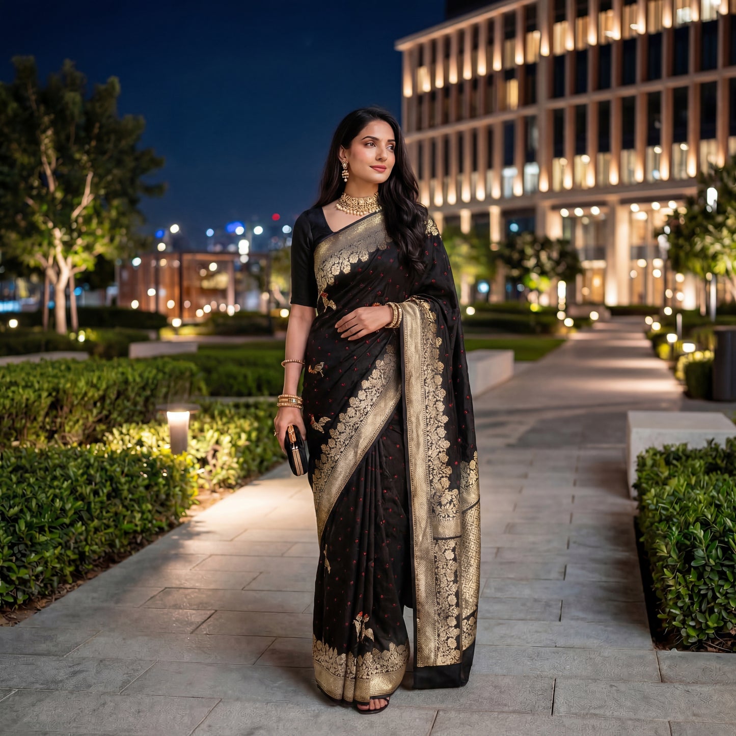 PURE BANDHANI-BANARASI BLACK MUSHROO SILK SAREE