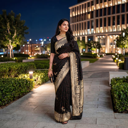 PURE BANDHANI-BANARASI BLACK MUSHROO SILK SAREE