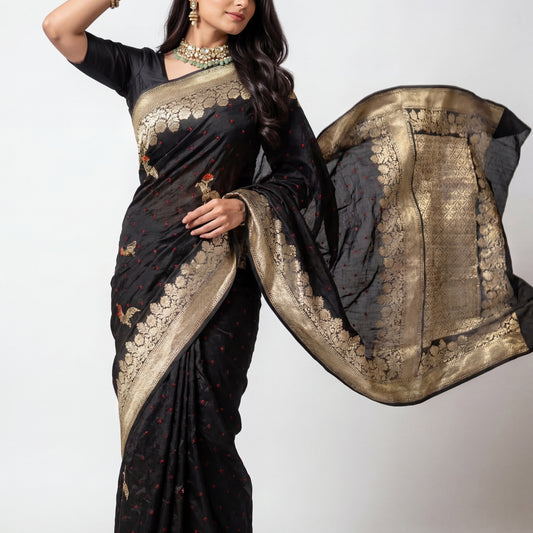 PURE BANDHANI-BANARASI BLACK MUSHROO SILK SAREE
