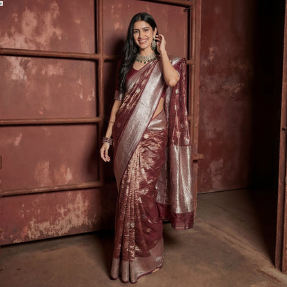 DUSTY ROSE PINK CRUSHED-TISSUE SAREE