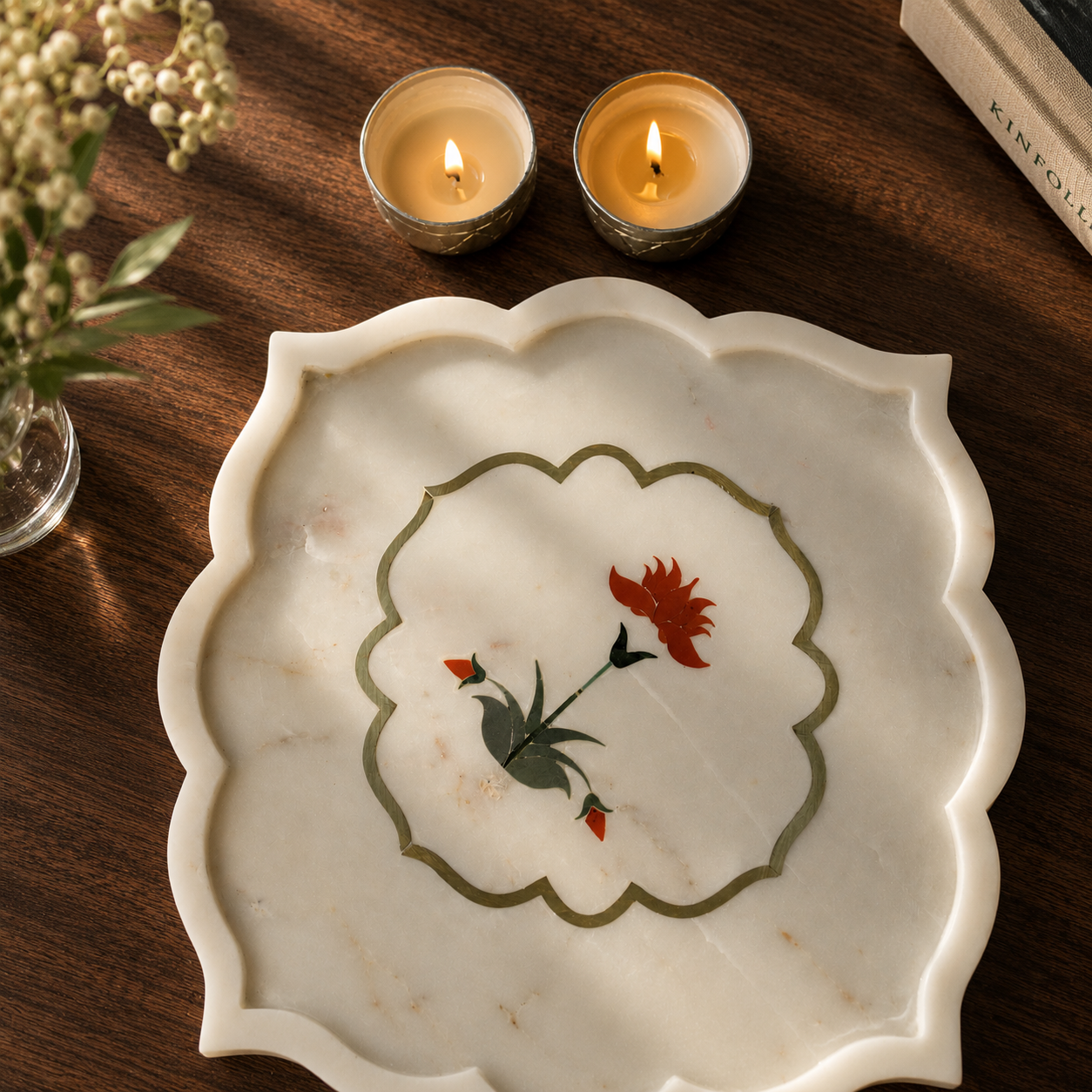 RED FLOWER MARBLE INLAY PLATTER