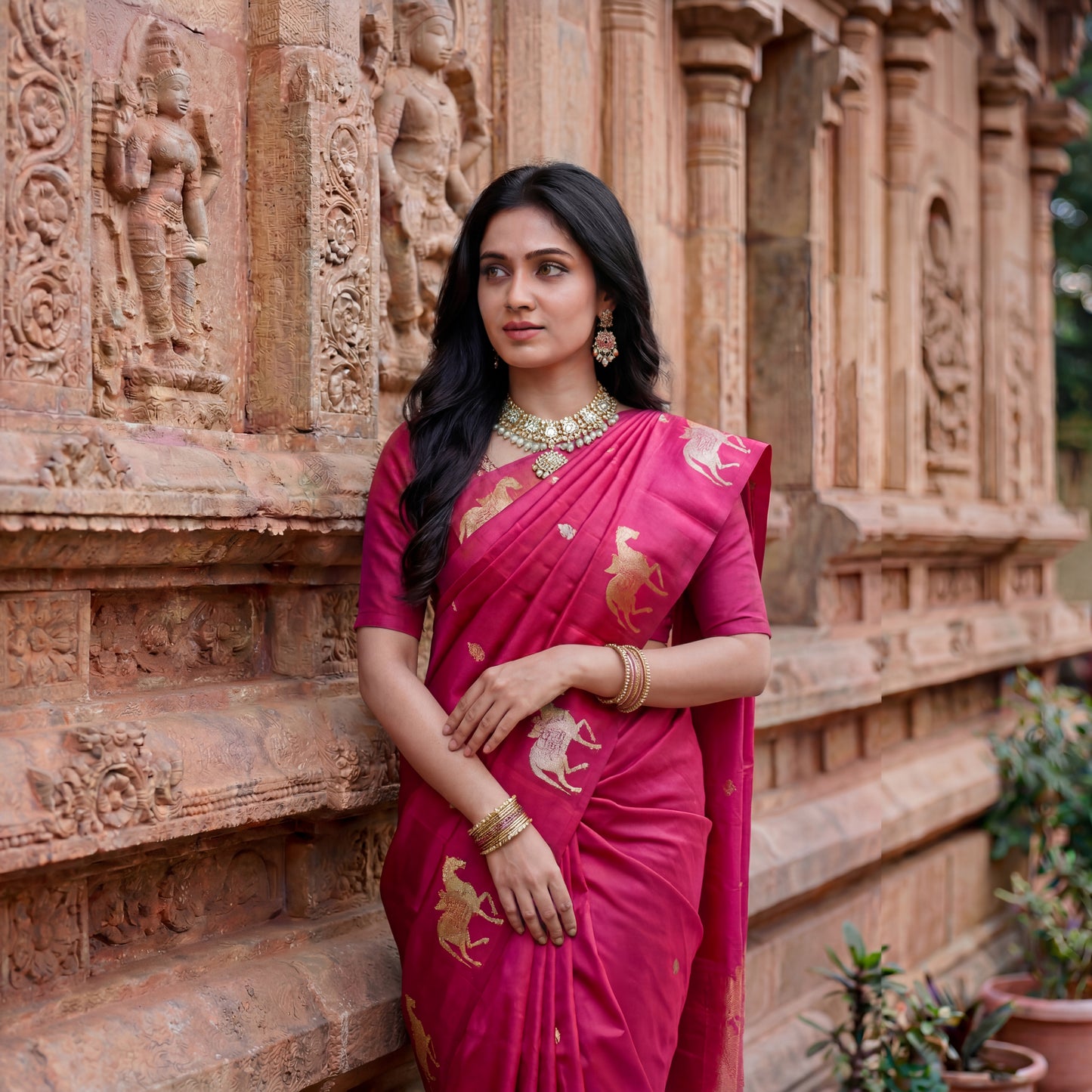 RANI PINK HORSE BANARASI SILK SAREE