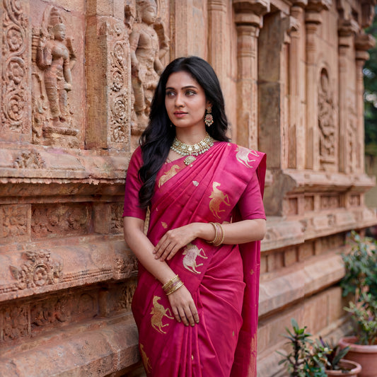 RANI PINK HORSE BANARASI SILK SAREE