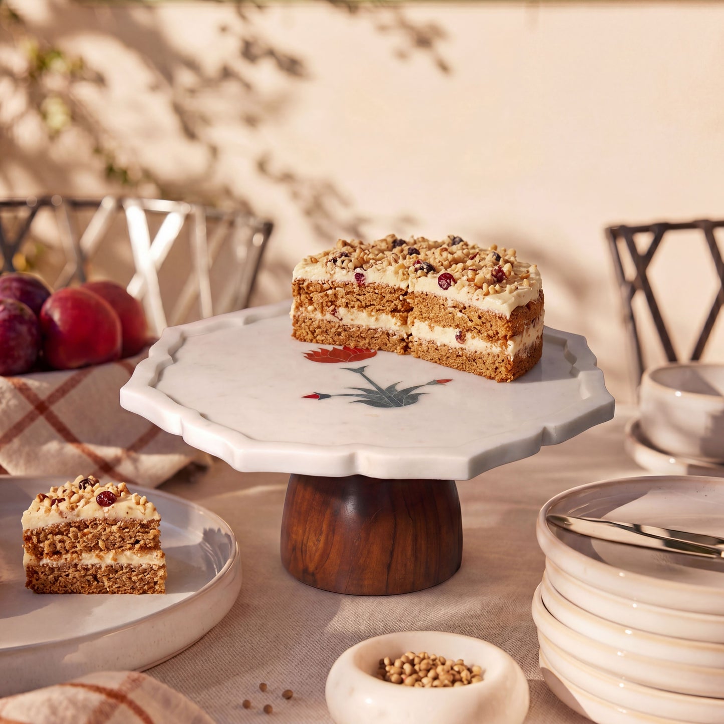 RED FLOWER INLAY MARBLE CAKE STAND
